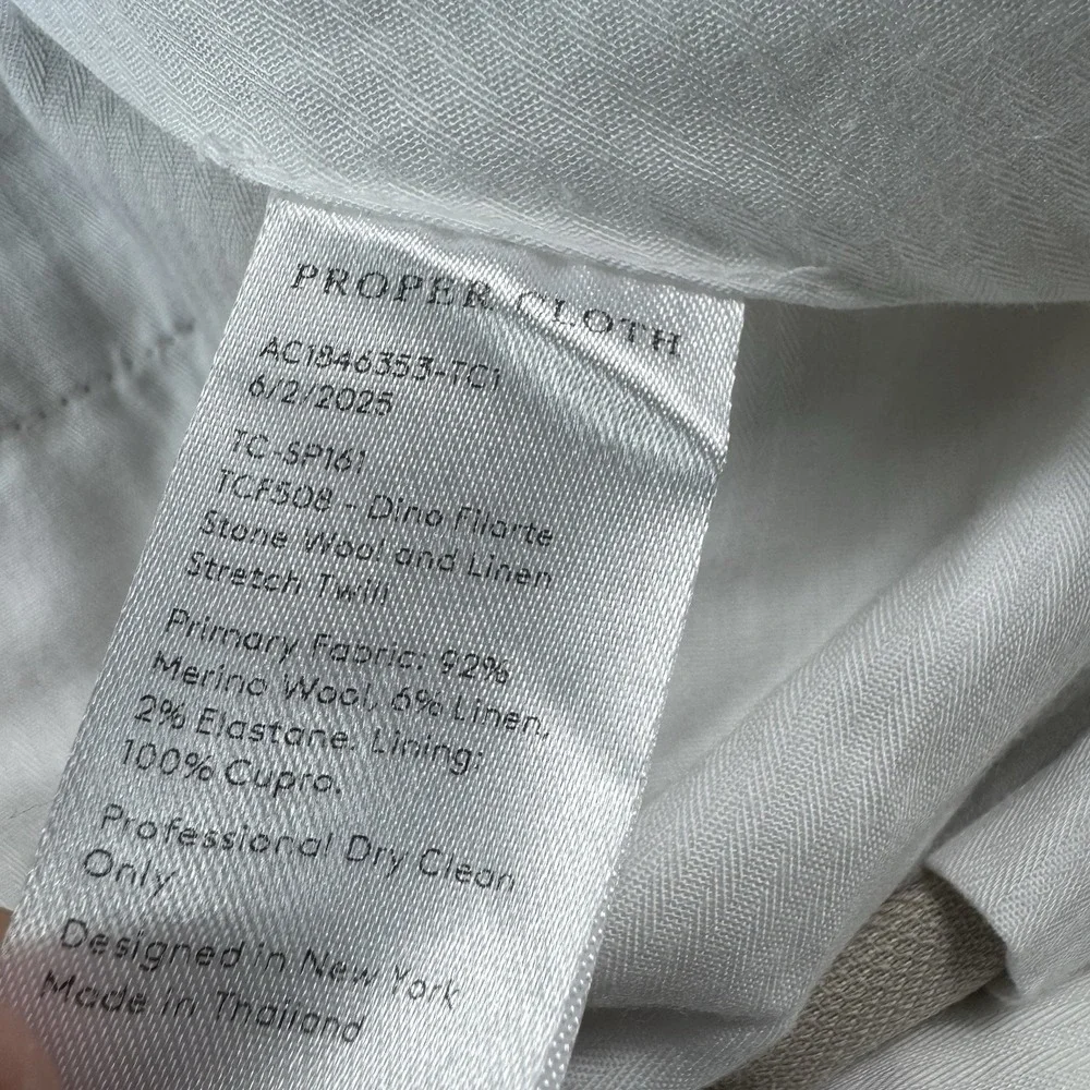 Proper Cloth Tan Woven Wool Linen Stretch Flat Front Trouser Size 38x31